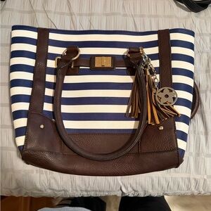 Navy and Brown Striped Tote with Tassel Accents